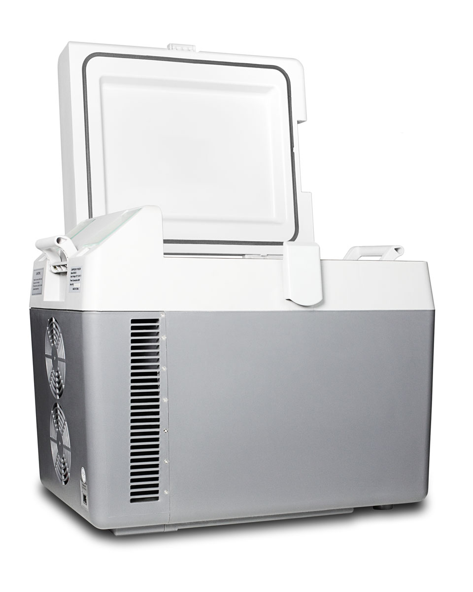 Portable 12V/24V cooler capable of operation as refrigerator (2-8 C) or freezer (-15 C), with factory-installed lock and collapsible trolley